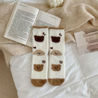 Bear Print Fleece Socks - 03 - Light Brown / One Size