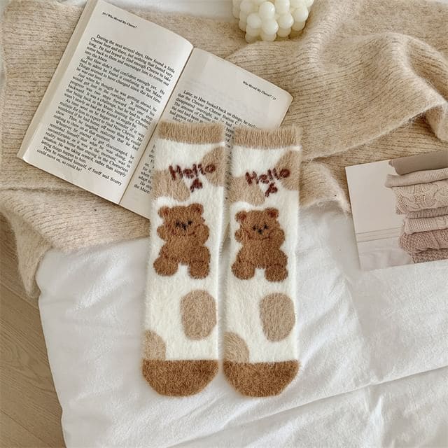 Bear Print Fleece Socks - 04 - Light Brown / One Size