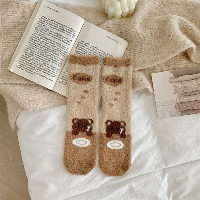 Bear Print Fleece Socks - 05 - Light Brown / One Size