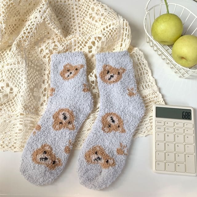 Bear Print Fluffy Socks - Gray / One Size