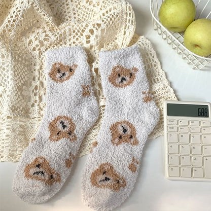 Bear Print Fluffy Socks - Khaki / One Size