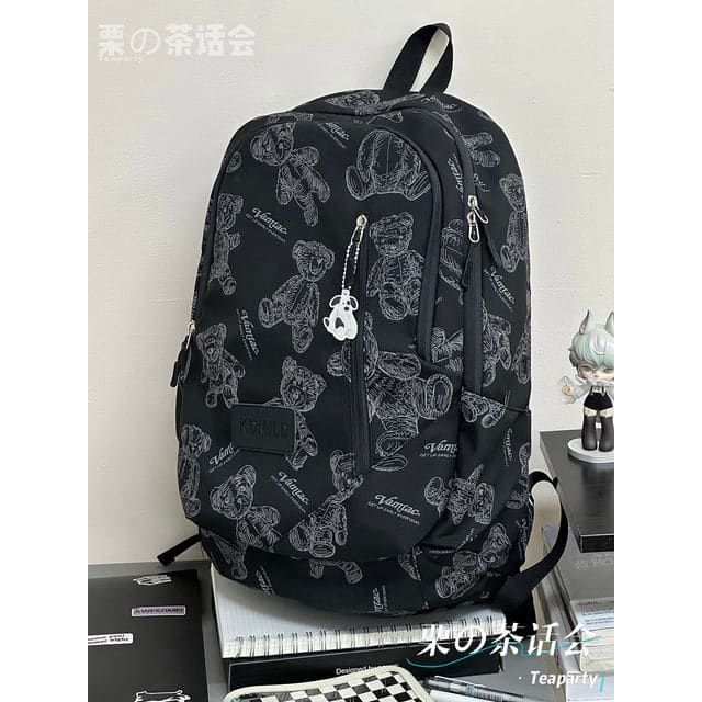 Bear Print Multi-Pocket Backpack / Bag Charm / Set - Black