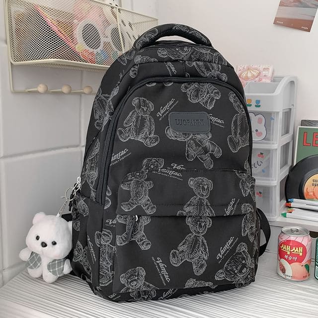 Bear Print Nylon Backpack - With Bear Charm - Black