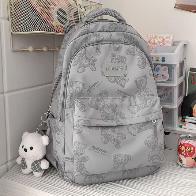 Bear Print Nylon Backpack - With Bear Charm - Gray