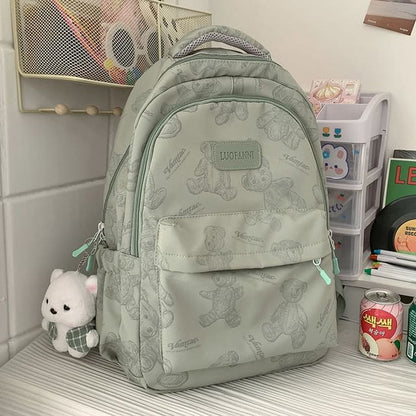 Bear Print Nylon Backpack - With Bear Charm - Green