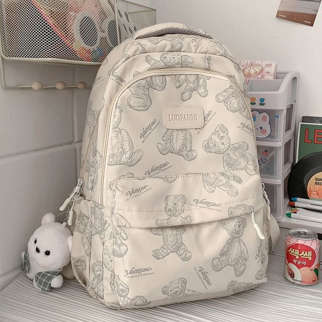 Bear Print Nylon Backpack - With Bear Charm - Off-White