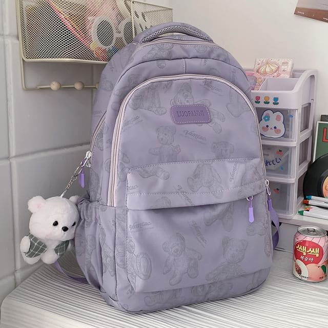 Bear Print Nylon Backpack - With Bear Charm - Purple