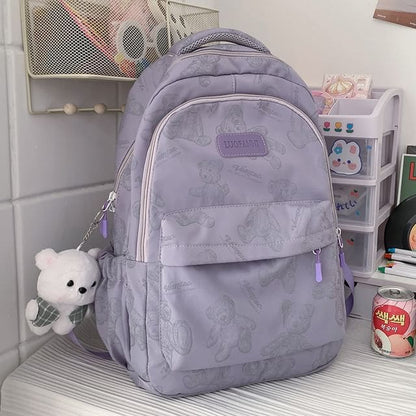 Bear Print Nylon Backpack - With Bear Charm - Purple