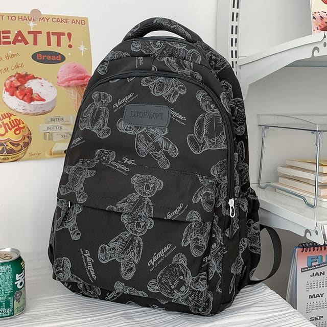 Bear Print Nylon Backpack - Without Charm - Black / One Size