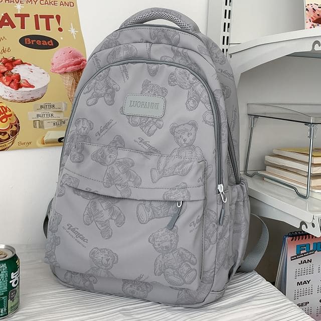 Bear Print Nylon Backpack - Without Charm - Gray / One Size