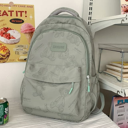 Bear Print Nylon Backpack - Without Charm - Green / One Size