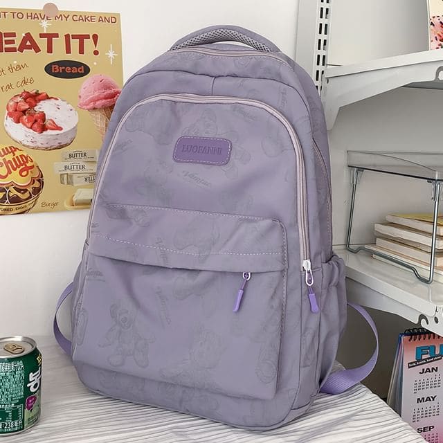 Bear Print Nylon Backpack - Without Charm - Purple