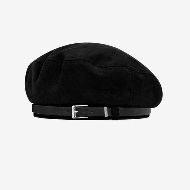 Belt Faux Suede Beret Hat - Black / One Size