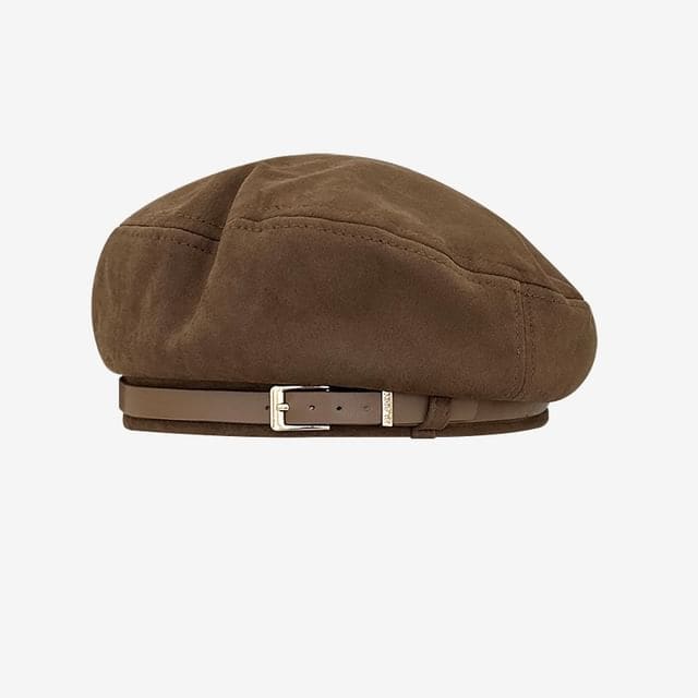 Belt Faux Suede Beret Hat - Coffee / One Size