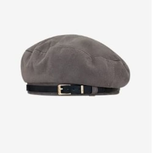 Belt Faux Suede Beret Hat - Gray / One Size