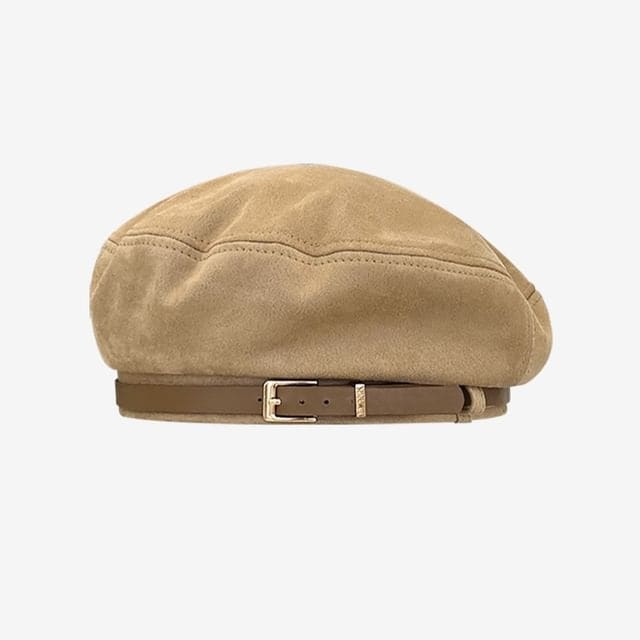 Belt Faux Suede Beret Hat - Light Khaki / One Size