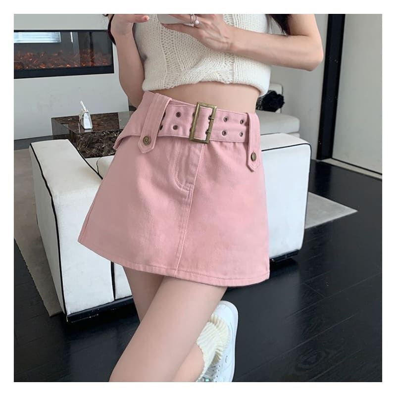 Belted Denim Mini Skirt