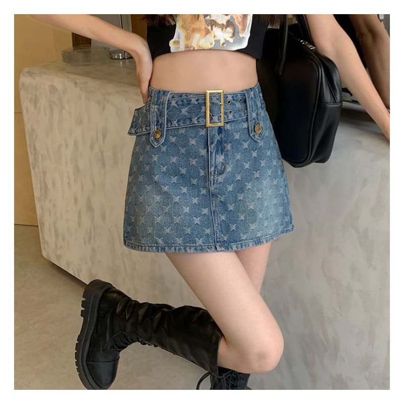 Belted Denim Mini Skirt