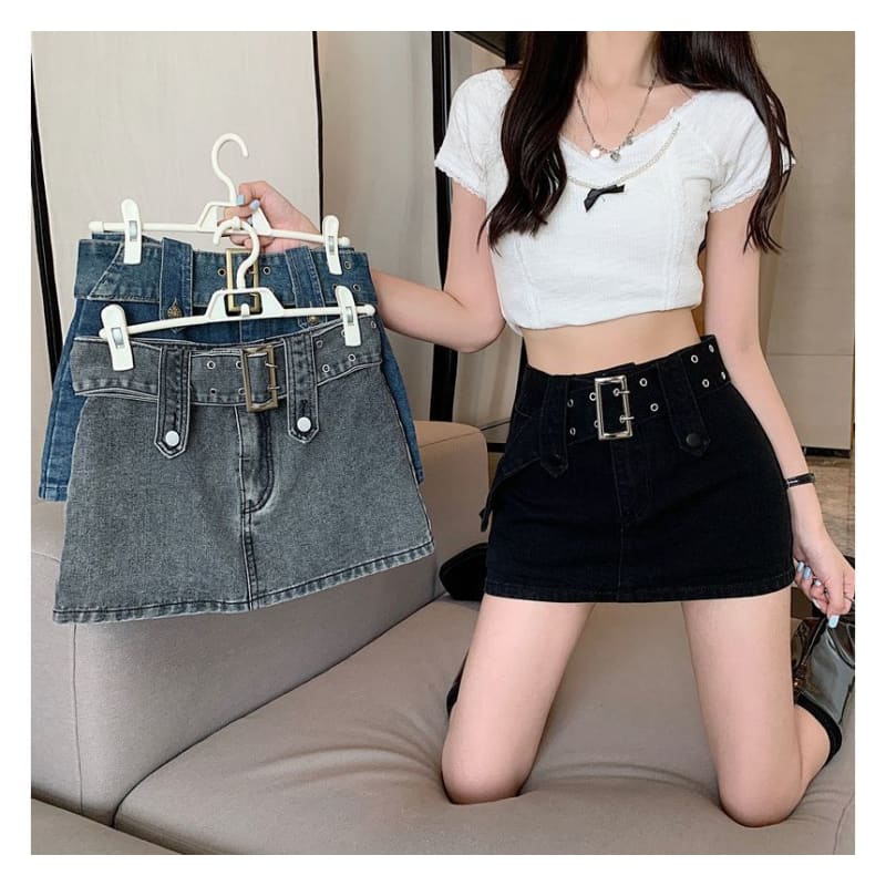 Belted Denim Mini Skirt