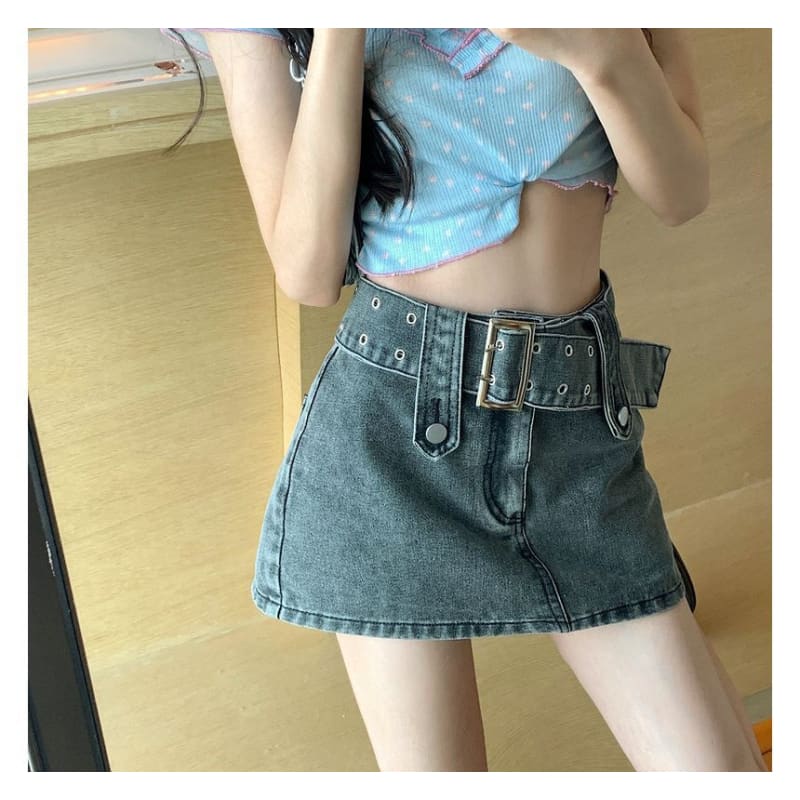 Belted Denim Mini Skirt