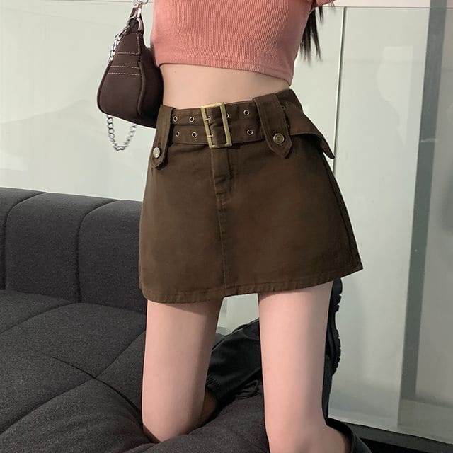 Belted Denim Mini Skirt - Coffee / S