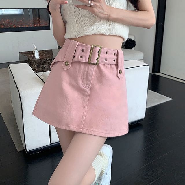 Belted Denim Mini Skirt - Pink / S