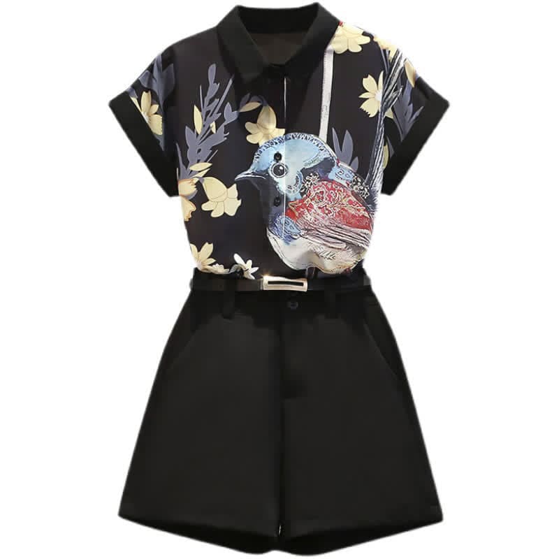 Bird Floral Print Chiffon T-Shirt Casual Shorts