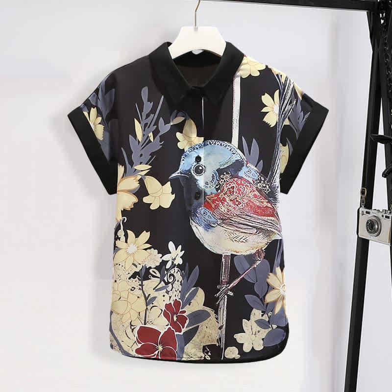 Bird Floral Print Chiffon T-Shirt Casual Shorts - T-Shirt