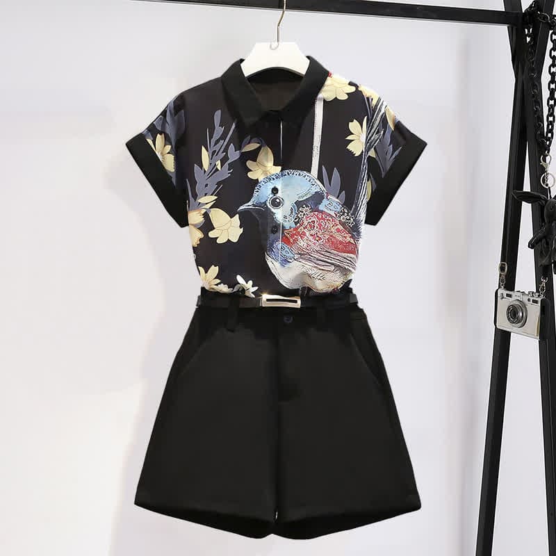 Bird Floral Print Chiffon T-Shirt Casual Shorts - Set(With