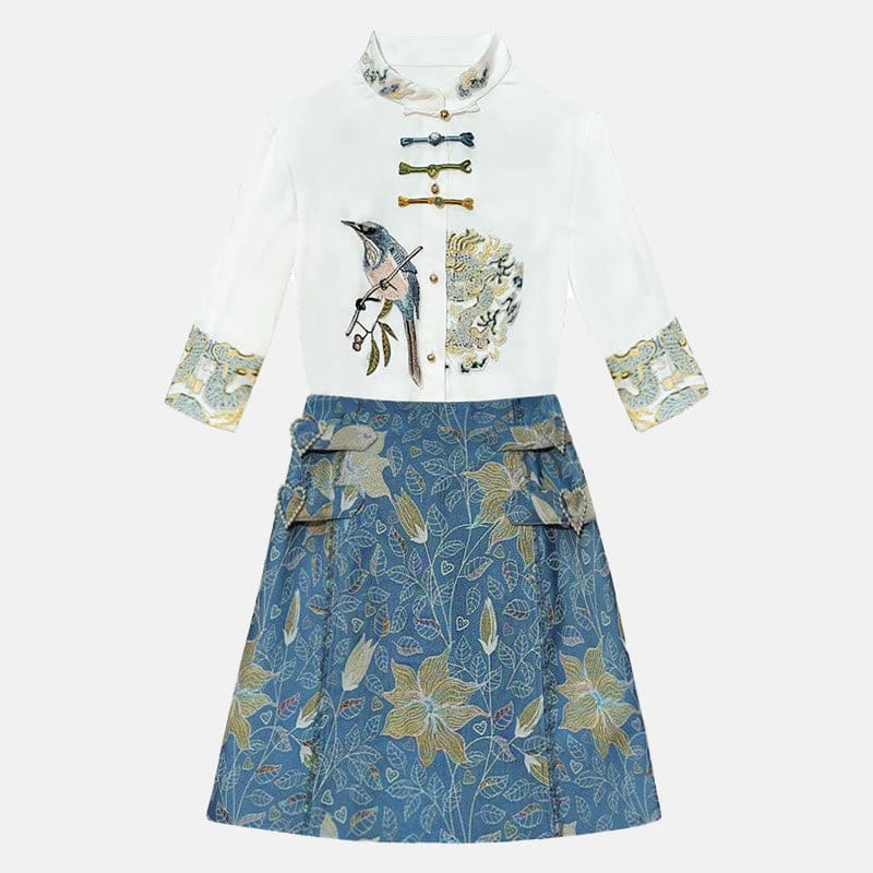 Bird Shirt Blossom Print Skirt Set - Set / S