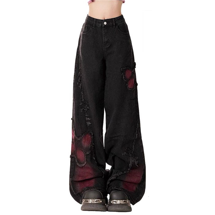 Black and Vermilion Butterfly Jeans - Jeans