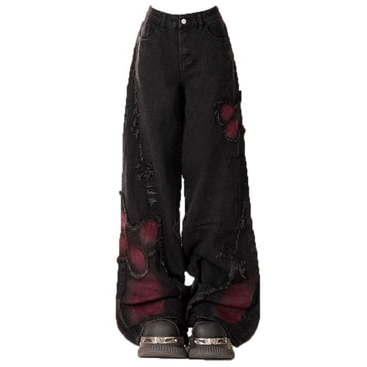 Black and Vermilion Butterfly Jeans - S / Black/red - Jeans