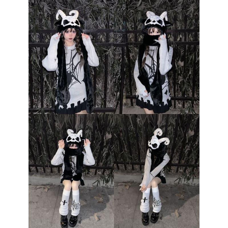 Black and White Scarf Gloves and Hat All-in-one with Horns