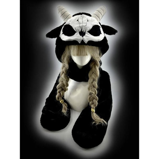 Black and White Scarf Gloves and Hat All-in-one with Horns