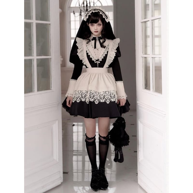 Black Beige Ruffle Banded Collar Lolita Short Dress