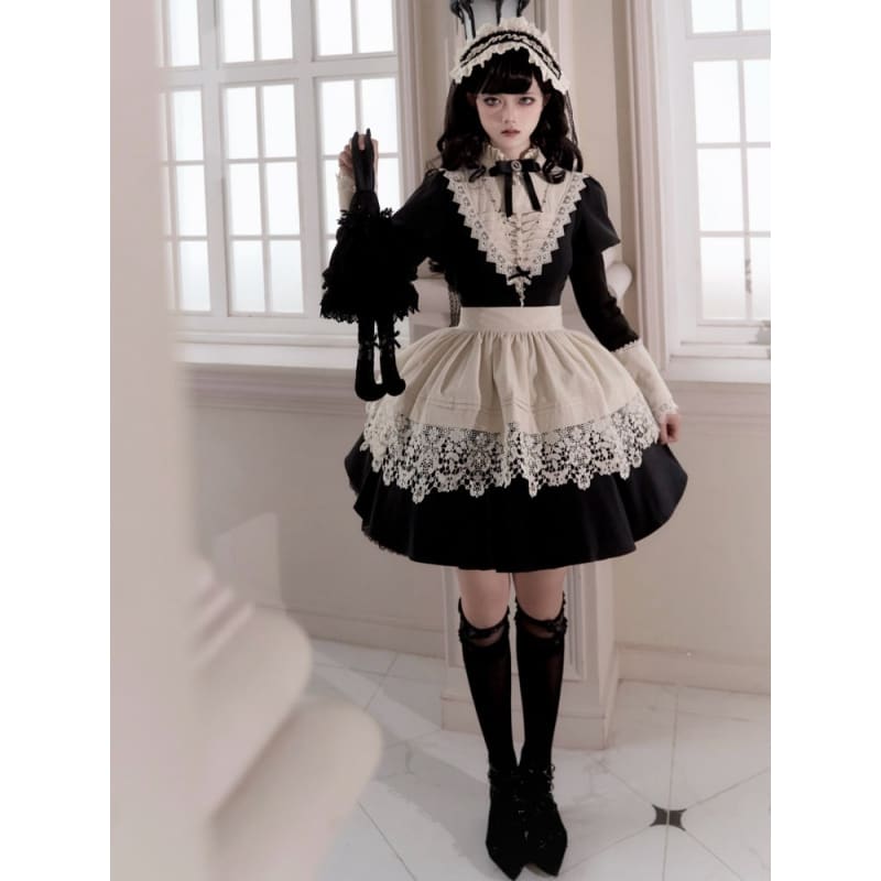 Black Beige Ruffle Banded Collar Lolita Short Dress