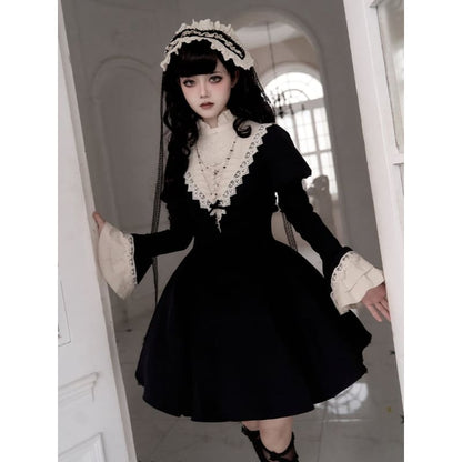 Black Beige Ruffle Banded Collar Lolita Short Dress