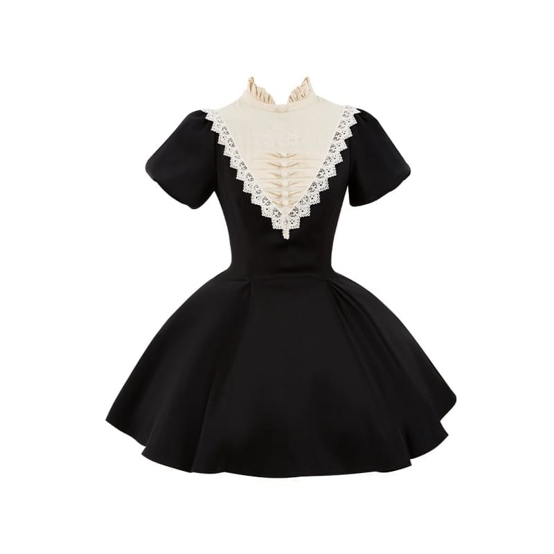 Black Beige Ruffle Banded Collar Lolita Short Dress