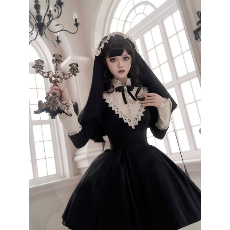 Black Beige Ruffle Banded Collar Lolita Short Dress