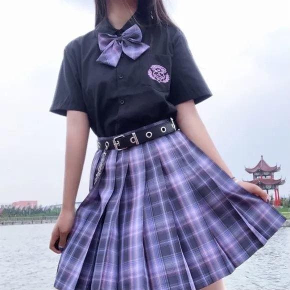 Black Blouse Purple Bow Plaid Skirt JK School Uniforms