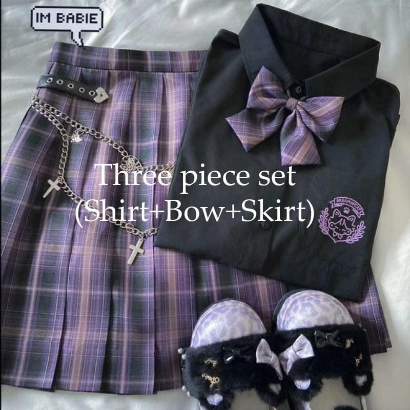 Black Blouse Purple Bow Plaid Skirt JK School Uniforms