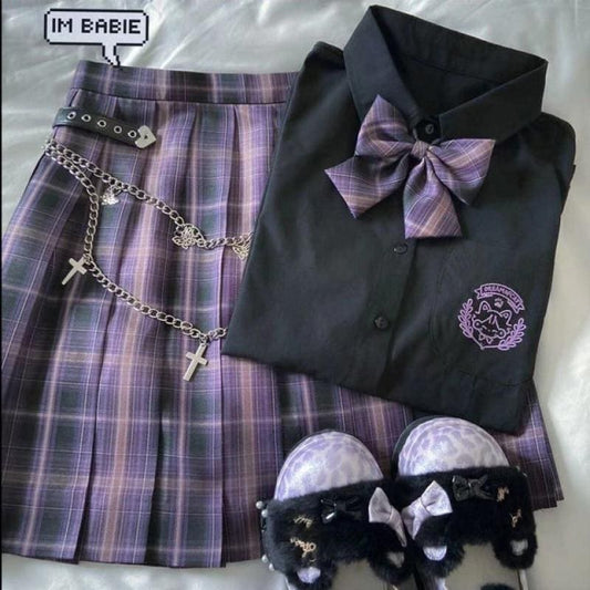 Black Blouse Purple Bow Plaid Skirt JK School Uniforms