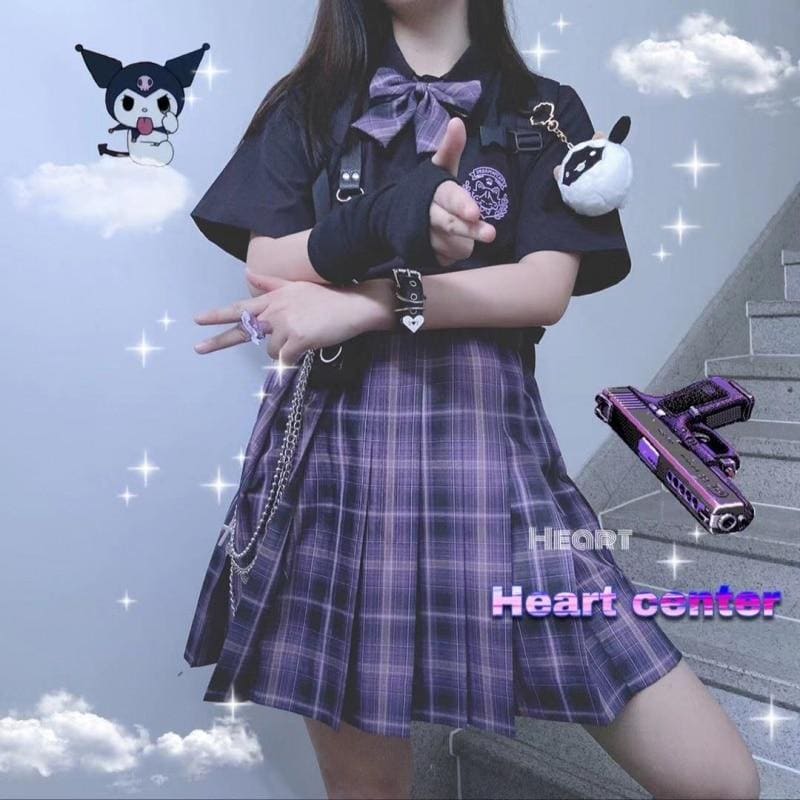 Black Blouse Purple Bow Plaid Skirt JK School Uniforms