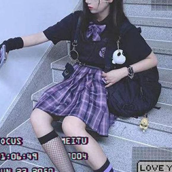 Black Blouse Purple Bow Plaid Skirt JK School Uniforms