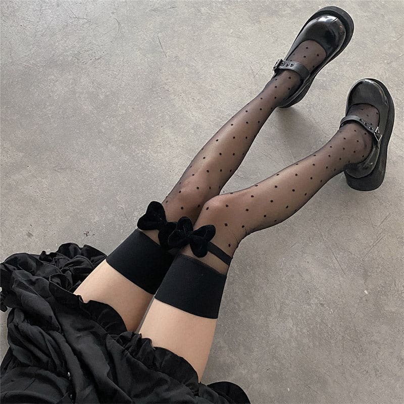 Black Bow Knot Decor Polka Dots Silk Stockings - Black