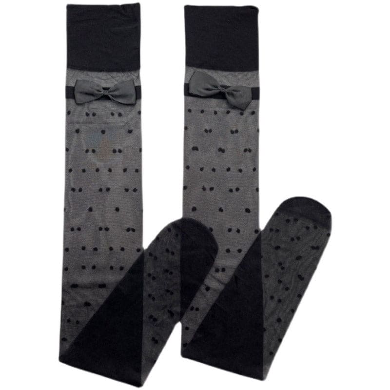 Black Bow Knot Decor Polka Dots Silk Stockings - Black