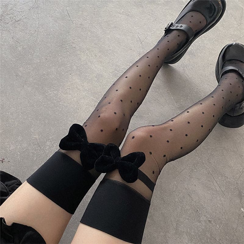 Black Bow Knot Decor Polka Dots Silk Stockings - Black