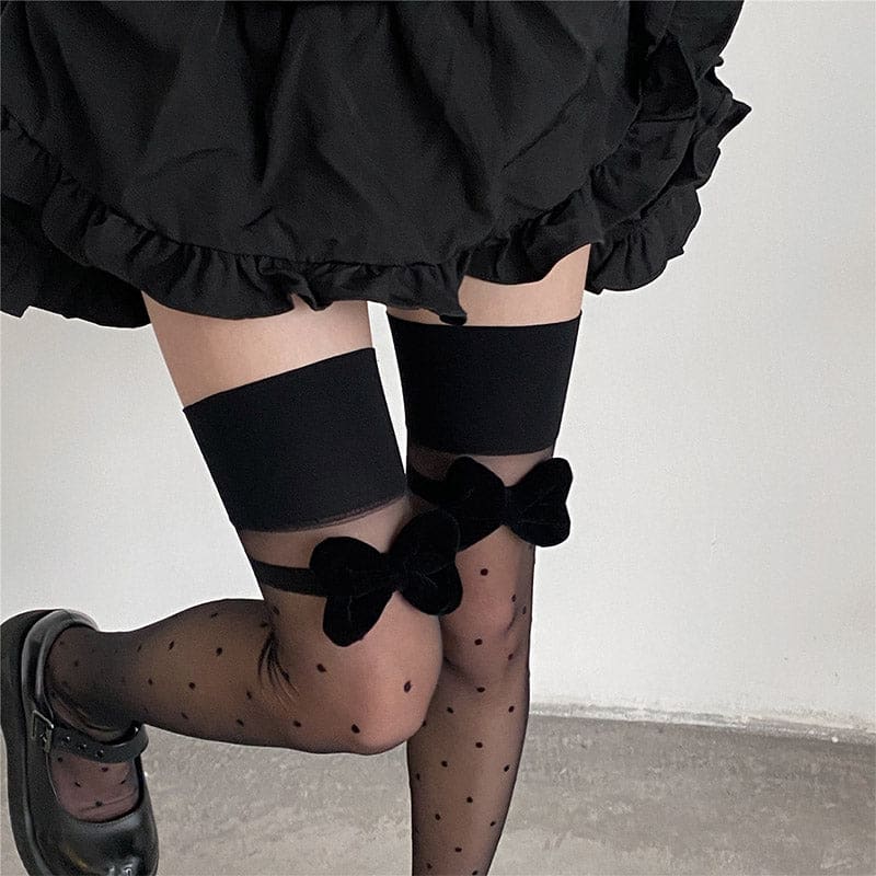 Black Bow Knot Decor Polka Dots Silk Stockings - Black