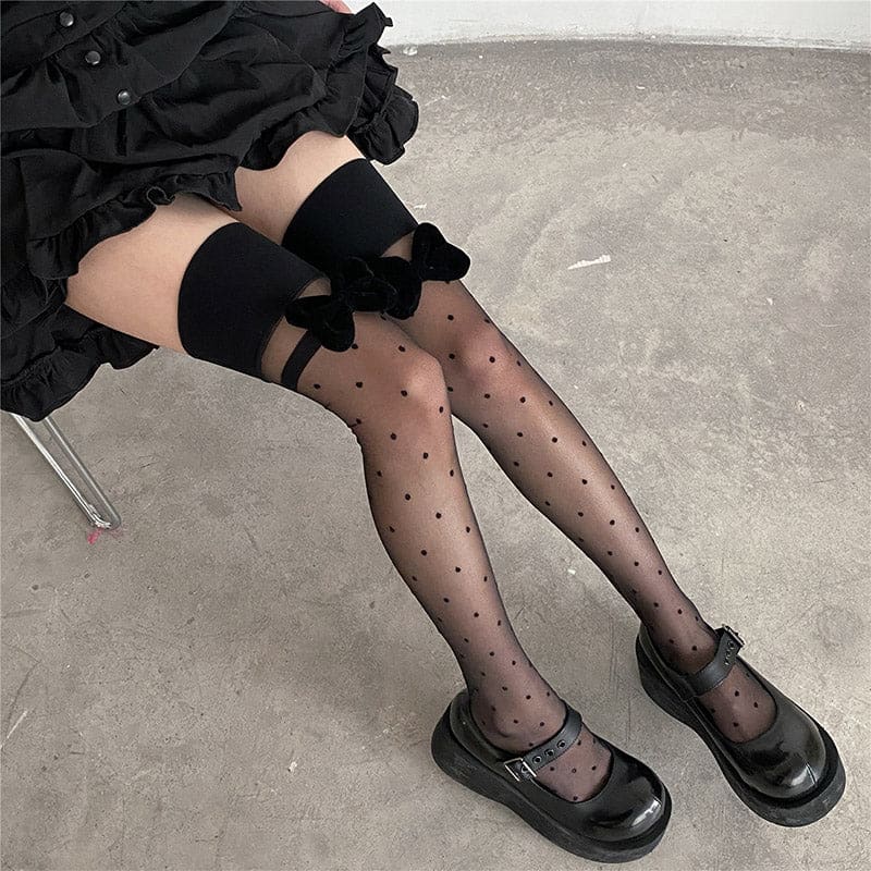 Black Bow Knot Decor Polka Dots Silk Stockings - Black