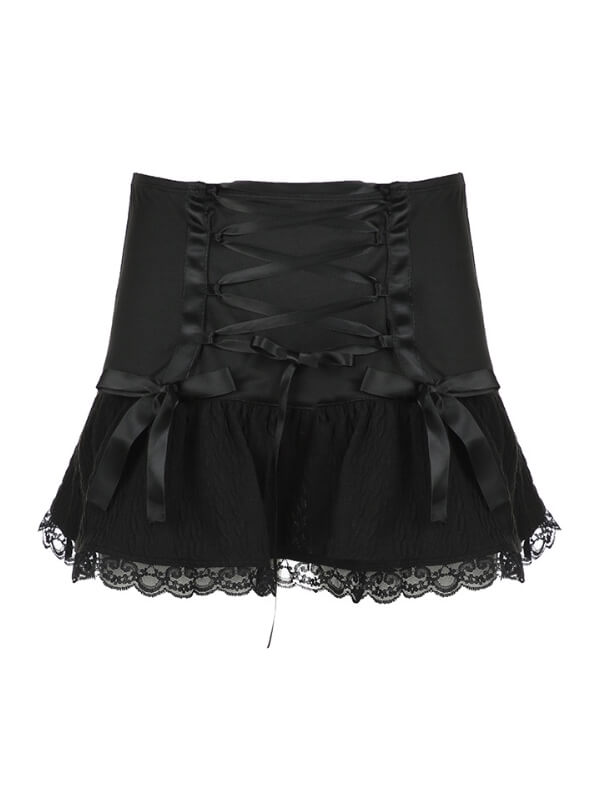 Black Bow Lace Mini Skirt - mini skirts